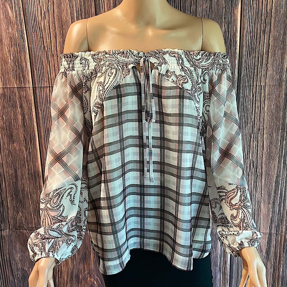Ann Taylor LOFT size XS strapless pink white gray paisley & plaid flowy top